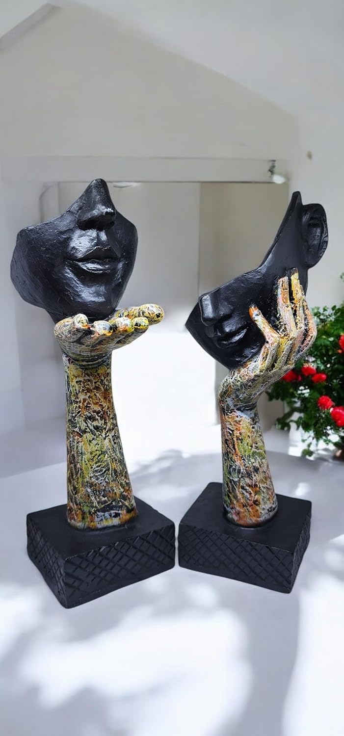 Abstract Face and Hand Sculpture Set – 2 - Piece Polyresin Modern Art Decor – Expressive Black Face Statues for Shelf, Desk, or Artistic Gift - Riserra