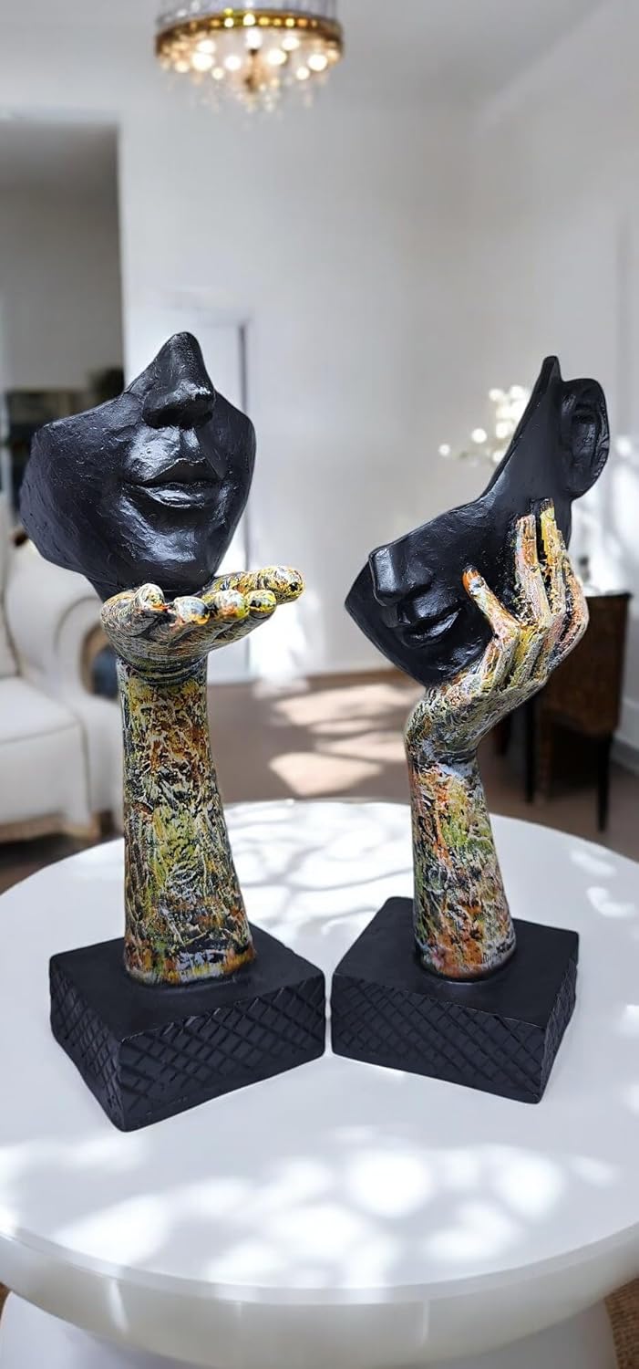 Abstract Face and Hand Sculpture Set – 2 - Piece Polyresin Modern Art Decor – Expressive Black Face Statues for Shelf, Desk, or Artistic Gift - Riserra