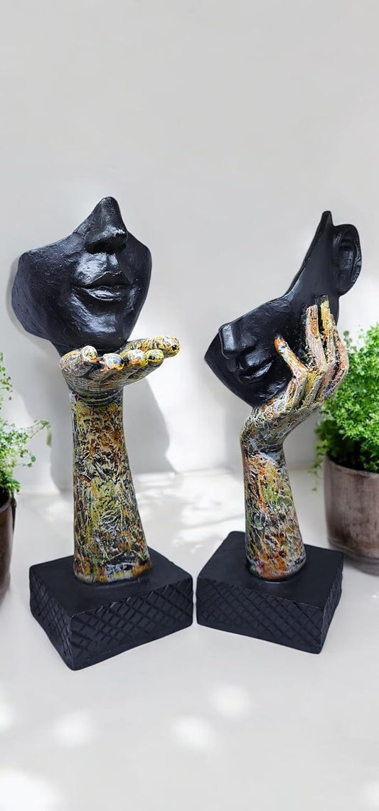Abstract Face and Hand Sculpture Set – 2 - Piece Polyresin Modern Art Decor – Expressive Black Face Statues for Shelf, Desk, or Artistic Gift - Riserra
