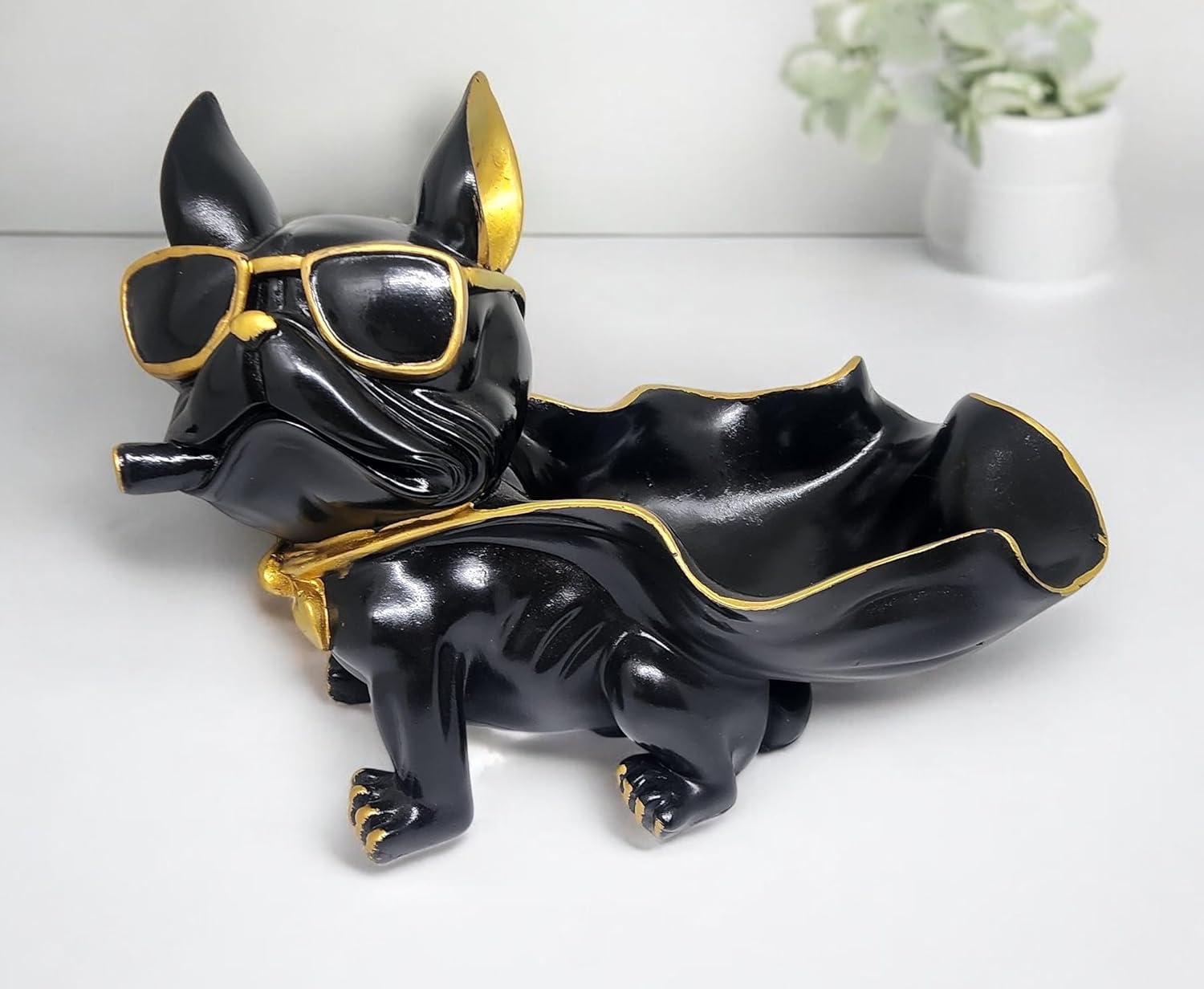 Bulldog Decorative Tray Holder – Black and Gold Dog Figurine with Cape Bowl – Funky Polyresin Desk Organizer for Keys, Candy, or Coins - Riserra