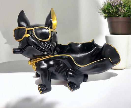 Bulldog Decorative Tray Holder – Black and Gold Dog Figurine with Cape Bowl – Funky Polyresin Desk Organizer for Keys, Candy, or Coins - Riserra