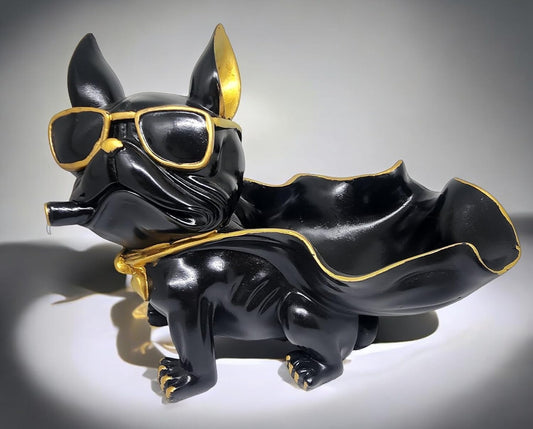 Bulldog Decorative Tray Holder – Black and Gold Dog Figurine with Cape Bowl – Funky Polyresin Desk Organizer for Keys, Candy, or Coins - Riserra