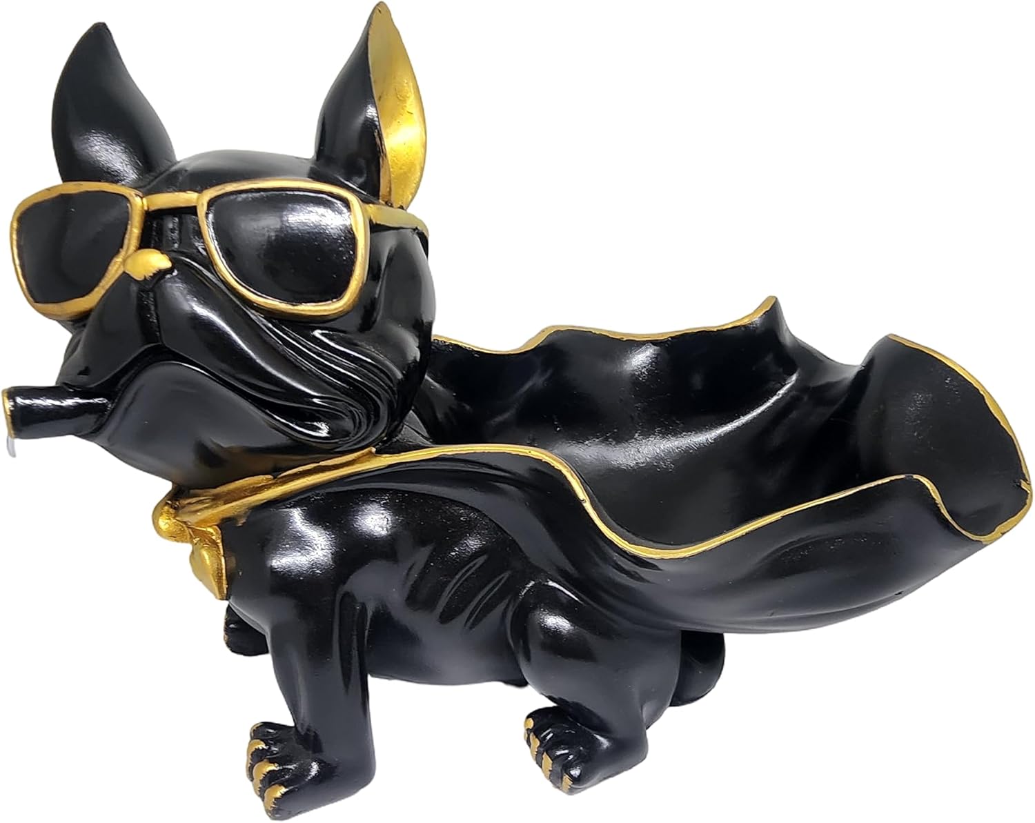 Bulldog Decorative Tray Holder – Black and Gold Dog Figurine with Cape Bowl – Funky Polyresin Desk Organizer for Keys, Candy, or Coins - Riserra