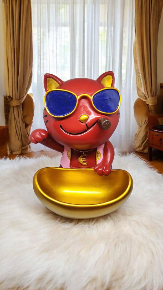 Cool Cat Showpiece with Sunglasses and Golden Bowl for Home Decor | Resin Gift Item for Diwali Housewarming Desk Display Organizer - Riserra