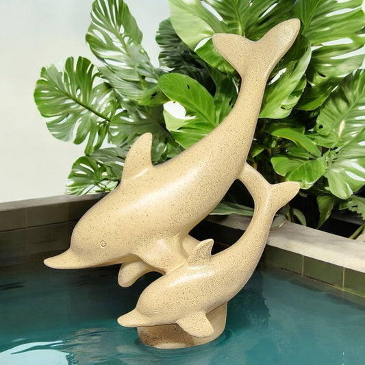 Dolphin Figurine Pair – Minimalist Beige Polyresin Sculpture of Parent and Baby Dolphins – Coastal Theme Tabletop Decor for Shelf, Mantel, or Gift - Riserra