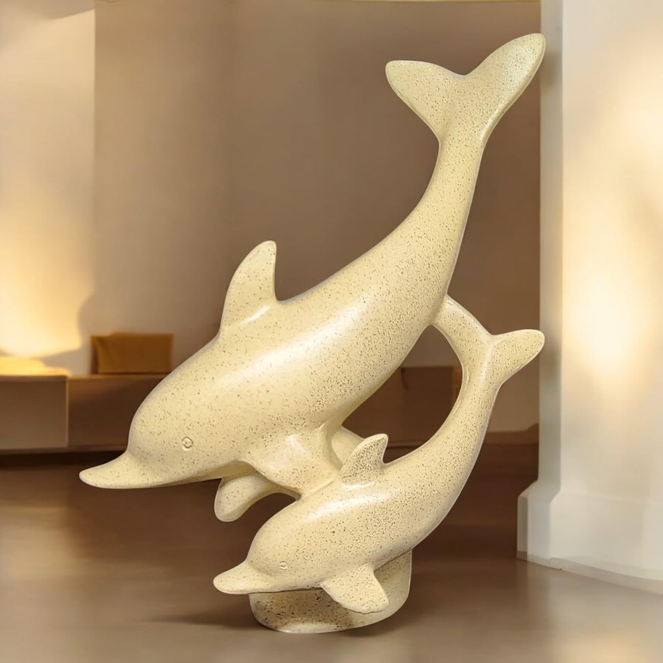 Dolphin Figurine Pair – Minimalist Beige Polyresin Sculpture of Parent and Baby Dolphins – Coastal Theme Tabletop Decor for Shelf, Mantel, or Gift - Riserra