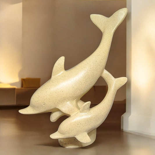 Dolphin Figurine Pair – Minimalist Beige Polyresin Sculpture of Parent and Baby Dolphins – Coastal Theme Tabletop Decor for Shelf, Mantel, or Gift - Riserra