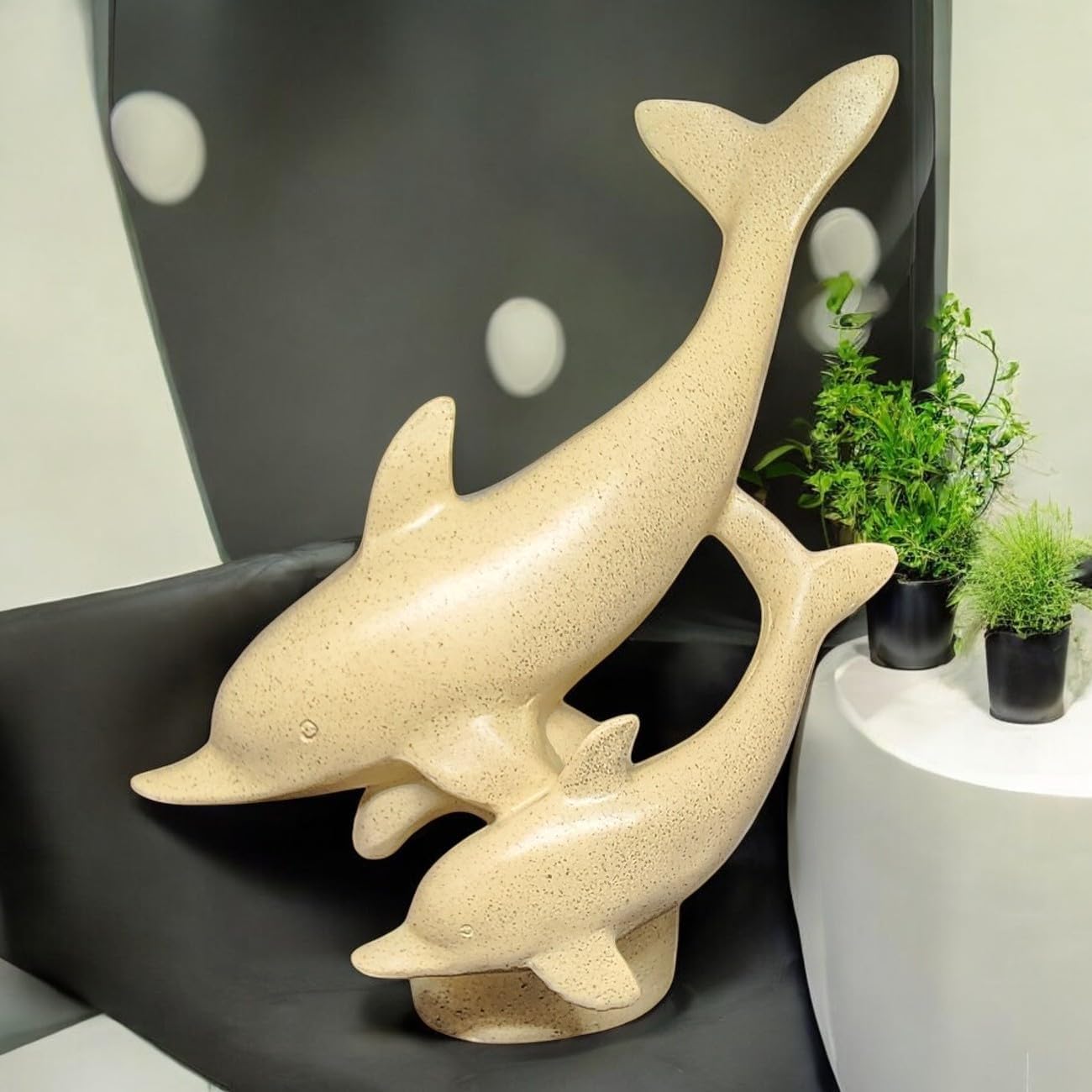 Dolphin Figurine Pair – Minimalist Beige Polyresin Sculpture of Parent and Baby Dolphins – Coastal Theme Tabletop Decor for Shelf, Mantel, or Gift - Riserra