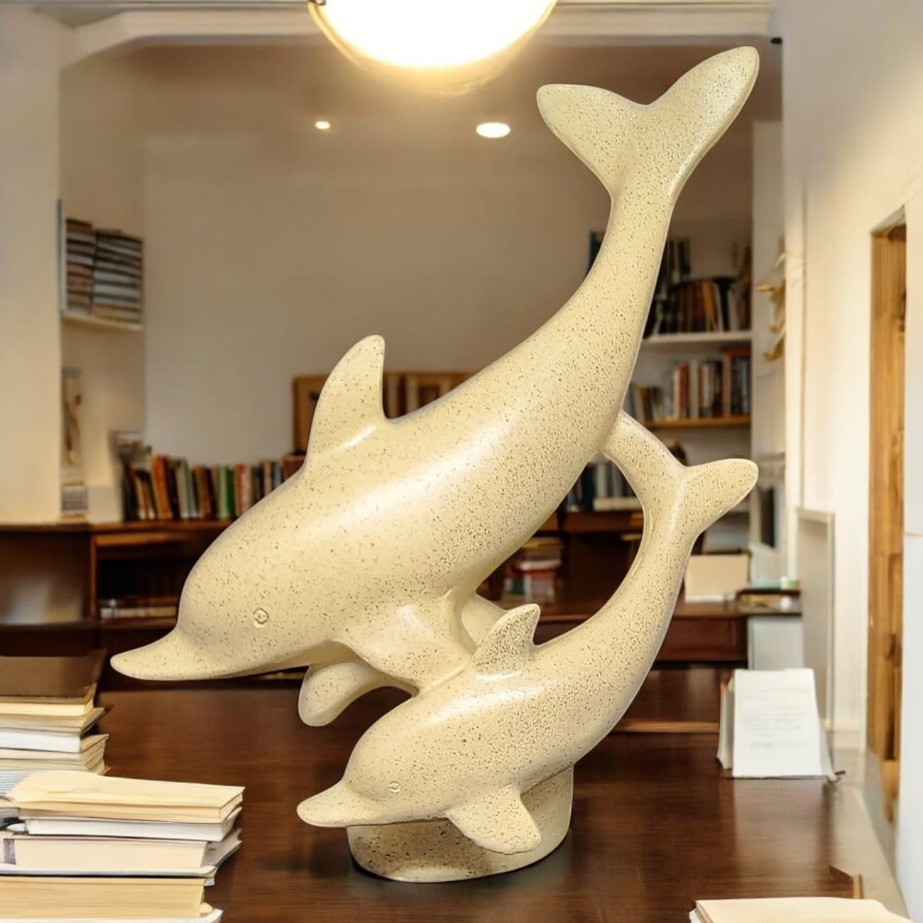 Dolphin Figurine Pair – Minimalist Beige Polyresin Sculpture of Parent and Baby Dolphins – Coastal Theme Tabletop Decor for Shelf, Mantel, or Gift - Riserra