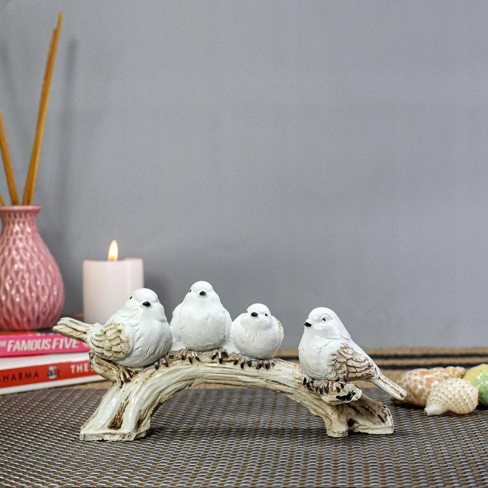 Four White Birds on Branch Resin Showpiece | Elegant Table Decor for Living Room, Shelf, or Office Display - Riserra