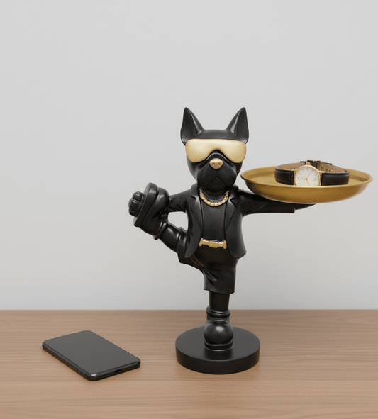Luxury Dog Butler Statue with Removable Gold Tray – Black Polyresin Decor Tray Holder for Candy, Coins, or Keys – Cool Dressed Dog Figurine for Entryway or Office - Riserra