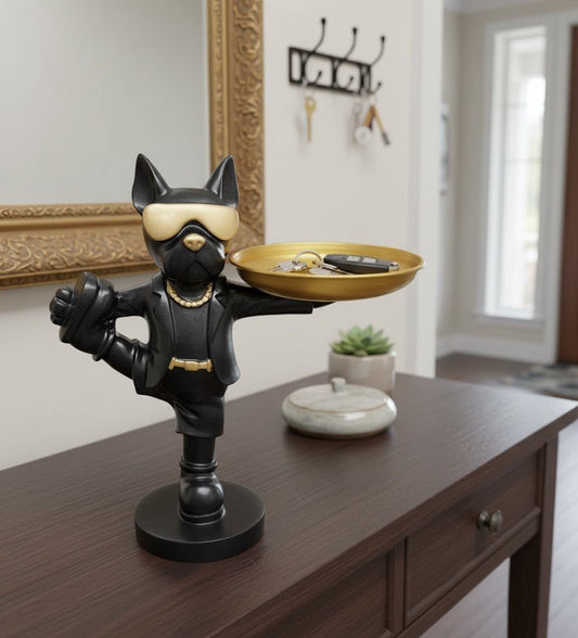 Luxury Dog Butler Statue with Removable Gold Tray – Black Polyresin Decor Tray Holder for Candy, Coins, or Keys – Cool Dressed Dog Figurine for Entryway or Office - Riserra