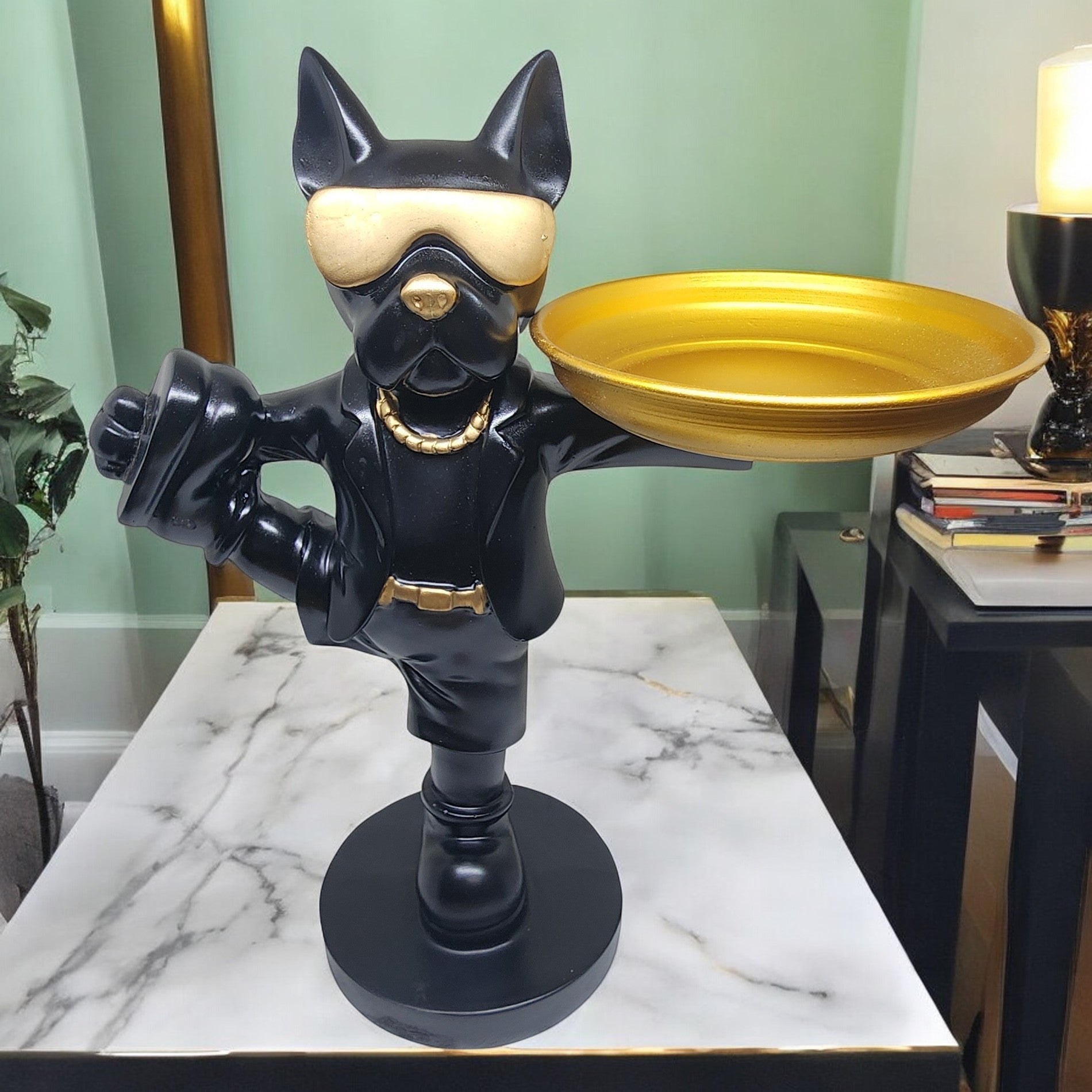 Luxury Dog Butler Statue with Removable Gold Tray ā Black Polyresin Decor Tray Holder for Candy, Coins, or Keys ā Cool Dressed Dog Figurine for Entryway or Office - Riserra