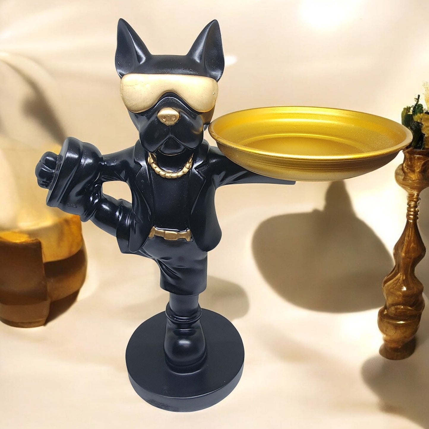 Luxury Dog Butler Statue with Removable Gold Tray ā Black Polyresin Decor Tray Holder for Candy, Coins, or Keys ā Cool Dressed Dog Figurine for Entryway or Office - Riserra