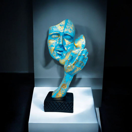 Modern Abstract Face Mask Sculpture – Blue and Gold Polyresin Art Statue for Desk, Shelf, or Entryway – Conceptual Home Décor Accent on Black Base - Riserra