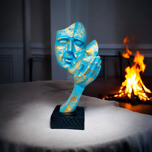 Modern Abstract Face Mask Sculpture – Blue and Gold Polyresin Art Statue for Desk, Shelf, or Entryway – Conceptual Home Décor Accent on Black Base - Riserra