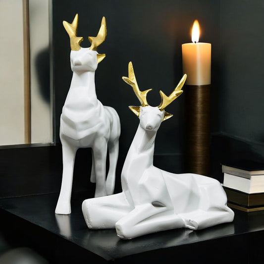 Modern Deer Figurine Set – 2 - Piece Geometric White and Gold Polyresin Sculptures – Contemporary Home Décor Accents for Shelf, Mantel, or Tabletop Display - Riserra
