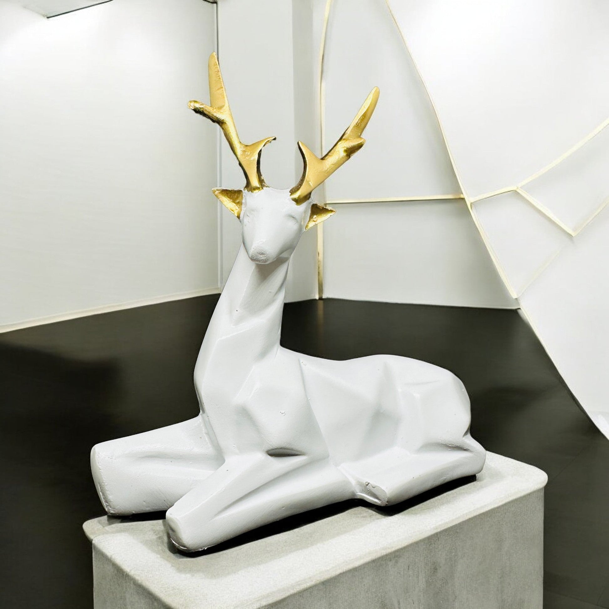 Modern Deer Figurine Set – 2 - Piece Geometric White and Gold Polyresin Sculptures – Contemporary Home Décor Accents for Shelf, Mantel, or Tabletop Display - Riserra