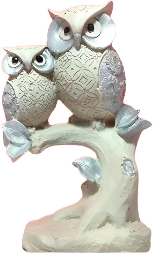 Parent and Baby Owl Figurine – Decorative Polyresin Sculpture with Tree Branch Base – White & Gray Animal Accent for Shelf, Entryway, or Nursery - Riserra