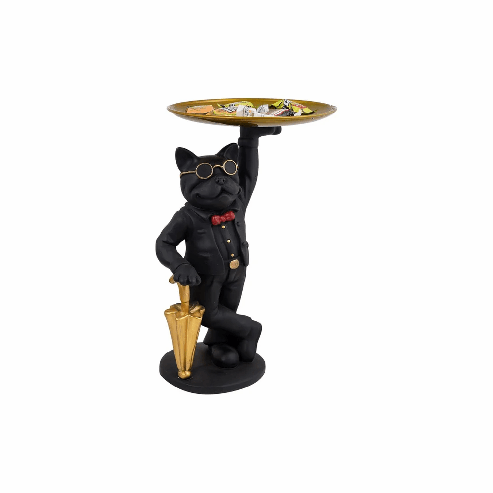 Polyresin Butler Dog Tray Statue β Quirky Bulldog Candy & Key Holder for Entryway or Table β Decorative Animal Figurine with Serving Tray β Black, Gold & Red - Riserra