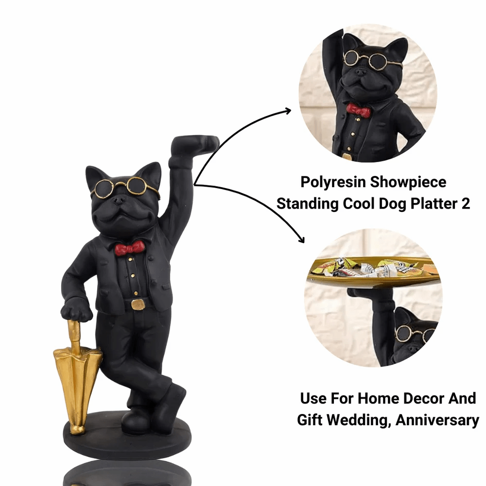Polyresin Butler Dog Tray Statue β Quirky Bulldog Candy & Key Holder for Entryway or Table β Decorative Animal Figurine with Serving Tray β Black, Gold & Red - Riserra
