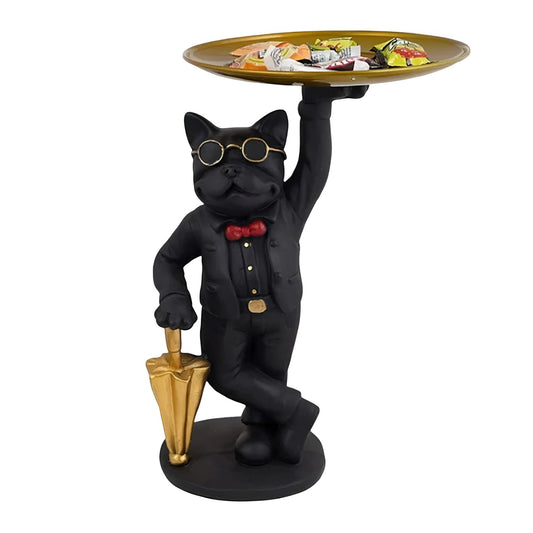 Polyresin Butler Dog Tray Statue – Quirky Bulldog Candy & Key Holder for Entryway or Table – Decorative Animal Figurine with Serving Tray – Black, Gold & Red - Riserra