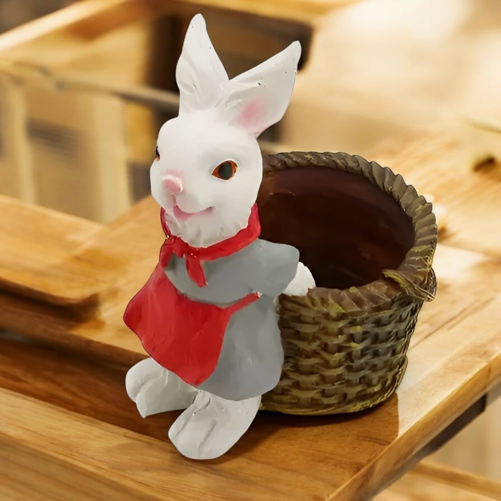 Polyresin Rabbit Planter – Cute Bunny Figurine with Basket Pot – Mini Animal Planter for Succulents, Herbs, or Desk Storage – Garden or Tabletop Decor Accent - Riserra