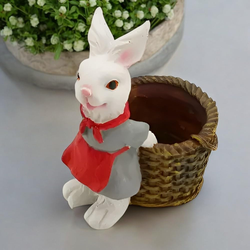 Polyresin Rabbit Planter – Cute Bunny Figurine with Basket Pot – Mini Animal Planter for Succulents, Herbs, or Desk Storage – Garden or Tabletop Decor Accent - Riserra