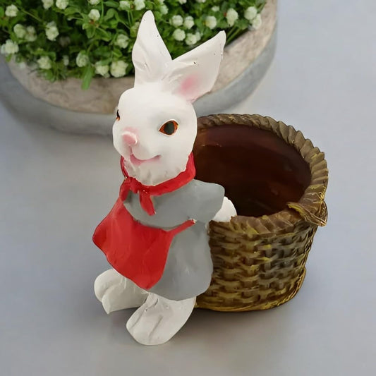 Polyresin Rabbit Planter – Cute Bunny Figurine with Basket Pot – Mini Animal Planter for Succulents, Herbs, or Desk Storage – Garden or Tabletop Decor Accent - Riserra