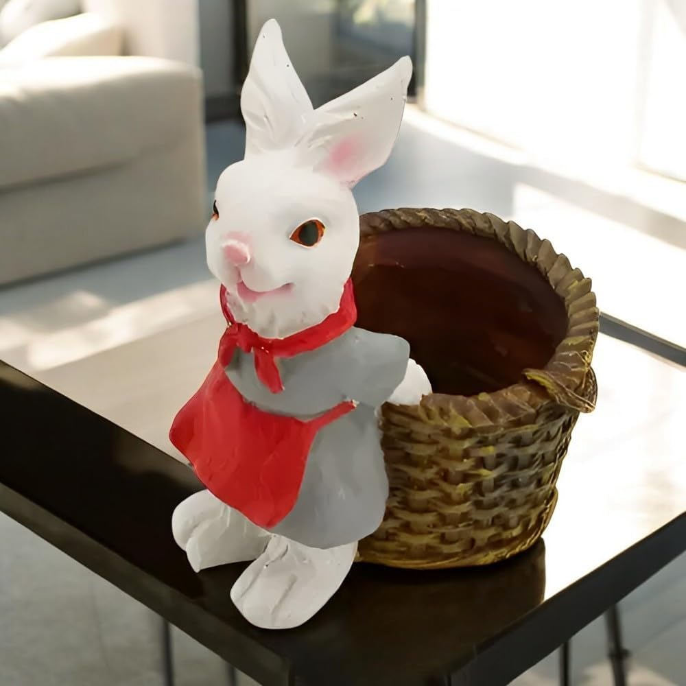 Polyresin Rabbit Planter – Cute Bunny Figurine with Basket Pot – Mini Animal Planter for Succulents, Herbs, or Desk Storage – Garden or Tabletop Decor Accent - Riserra