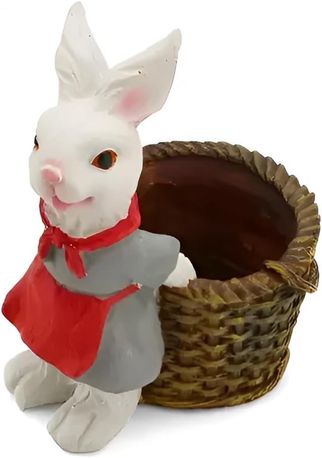 Polyresin Rabbit Planter – Cute Bunny Figurine with Basket Pot – Mini Animal Planter for Succulents, Herbs, or Desk Storage – Garden or Tabletop Decor Accent - Riserra