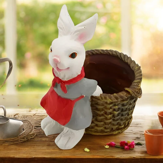 Polyresin Rabbit Planter – Cute Bunny Figurine with Basket Pot – Mini Animal Planter for Succulents, Herbs, or Desk Storage – Garden or Tabletop Decor Accent - Riserra