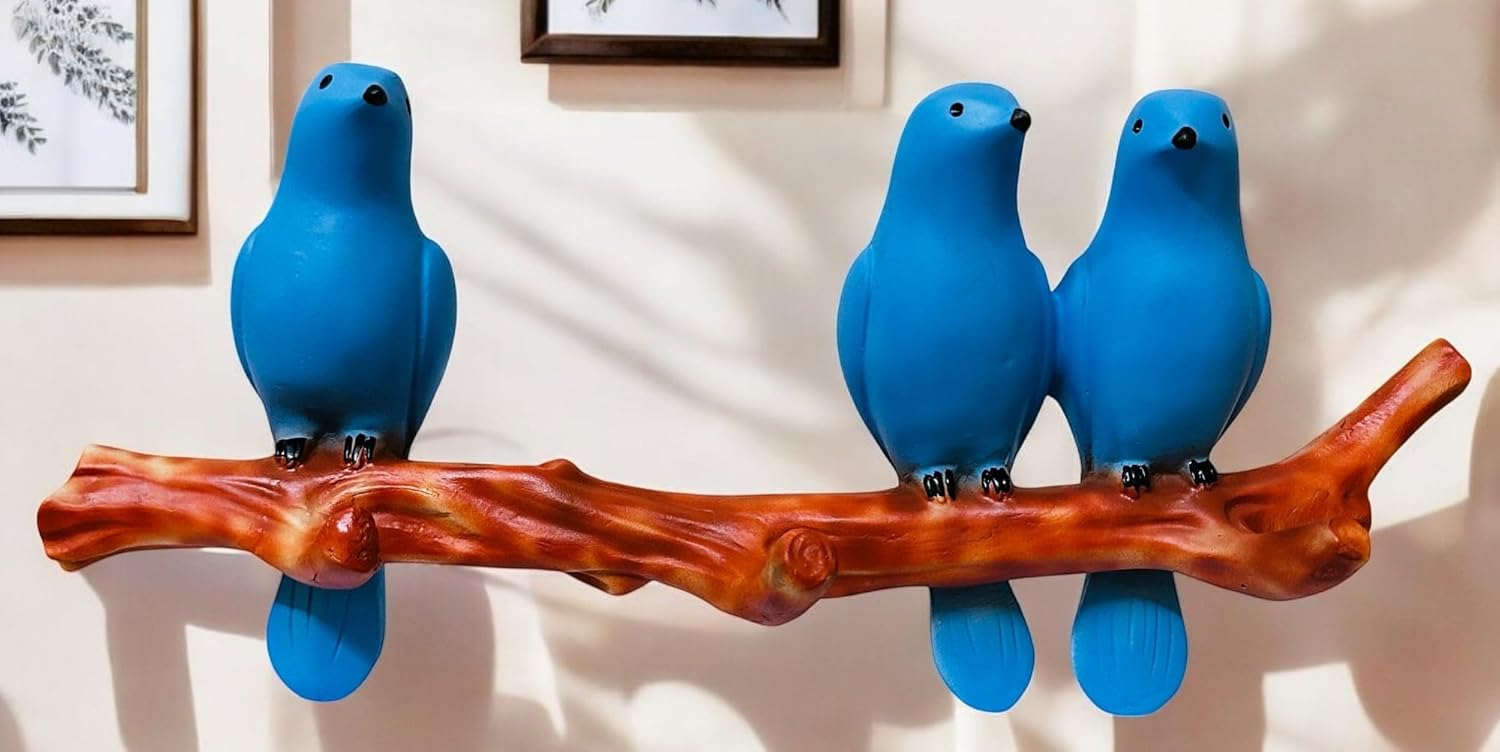 Wall Hanging Blue Bird Sculpture – Polyresin Decorative Art with 3 Birds on Branch – Cheerful Wall Accent for Living Room, Balcony, or Nursery - Riserra