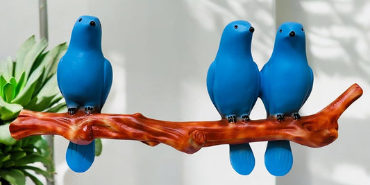 Wall Hanging Blue Bird Sculpture – Polyresin Decorative Art with 3 Birds on Branch – Cheerful Wall Accent for Living Room, Balcony, or Nursery - Riserra