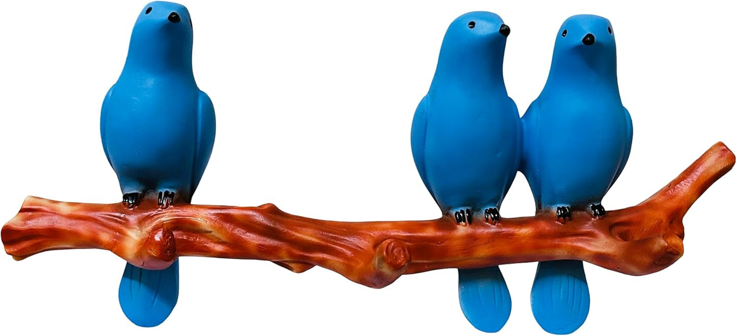 Wall Hanging Blue Bird Sculpture – Polyresin Decorative Art with 3 Birds on Branch – Cheerful Wall Accent for Living Room, Balcony, or Nursery - Riserra