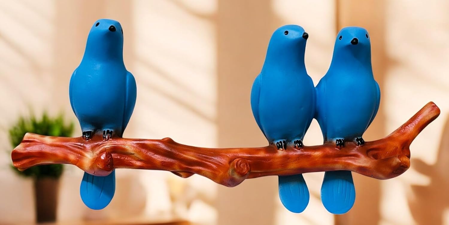 Wall Hanging Blue Bird Sculpture – Polyresin Decorative Art with 3 Birds on Branch – Cheerful Wall Accent for Living Room, Balcony, or Nursery - Riserra