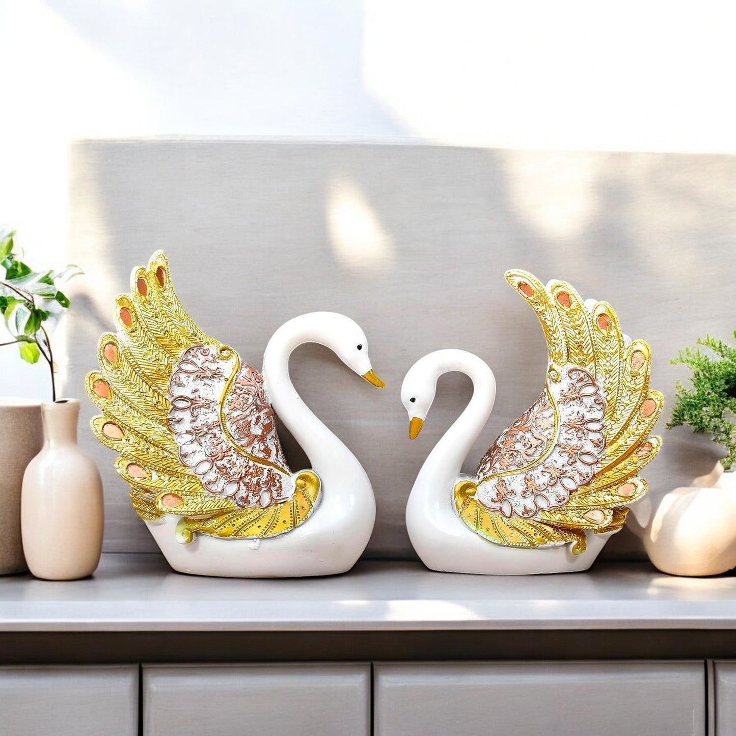 White and Gold Swan Couple Figurines – Romantic Polyresin Decorative Sculptures – Elegant Home Décor Accent for Bedroom, Mantel, or Wedding Gift - Riserra