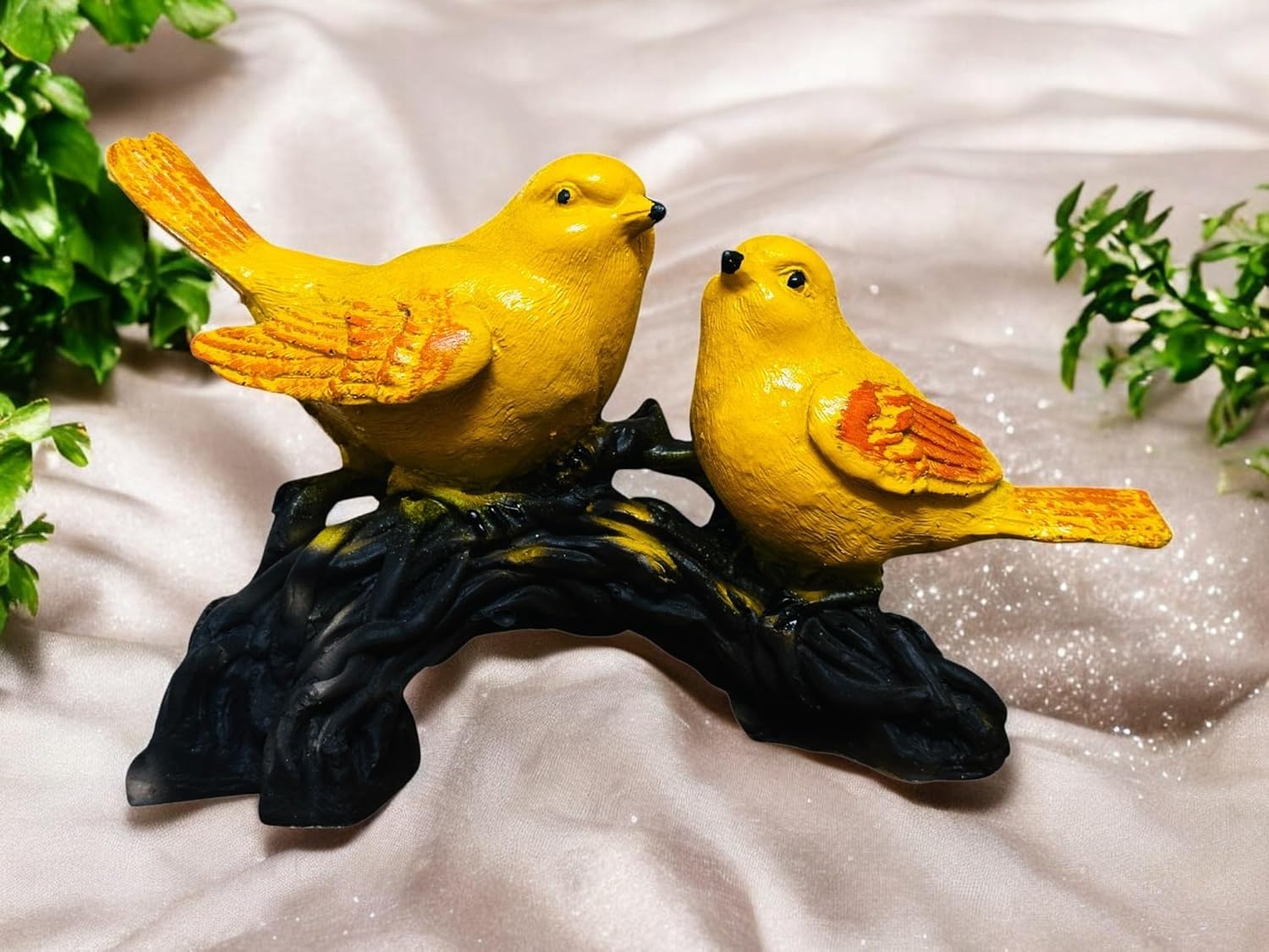 Yellow Bird Pair Figurine – Polyresin Decorative Sculpture of Birds on Branch – Bright Nature - Inspired Tabletop Decor for Living Room, Shelf, or Office - Riserra