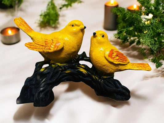 Yellow Bird Pair Figurine – Polyresin Decorative Sculpture of Birds on Branch – Bright Nature - Inspired Tabletop Decor for Living Room, Shelf, or Office - Riserra