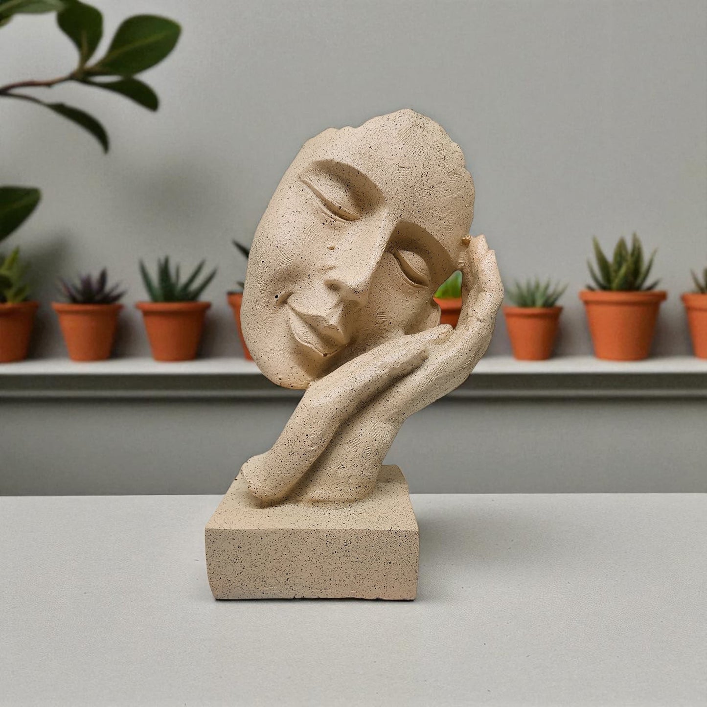 Abstract Face Resting on Hand Sculpture – Minimalist Polyresin Statue with Stone Texture – Neutral Art Decor for Shelf, Office, or Meditation Space