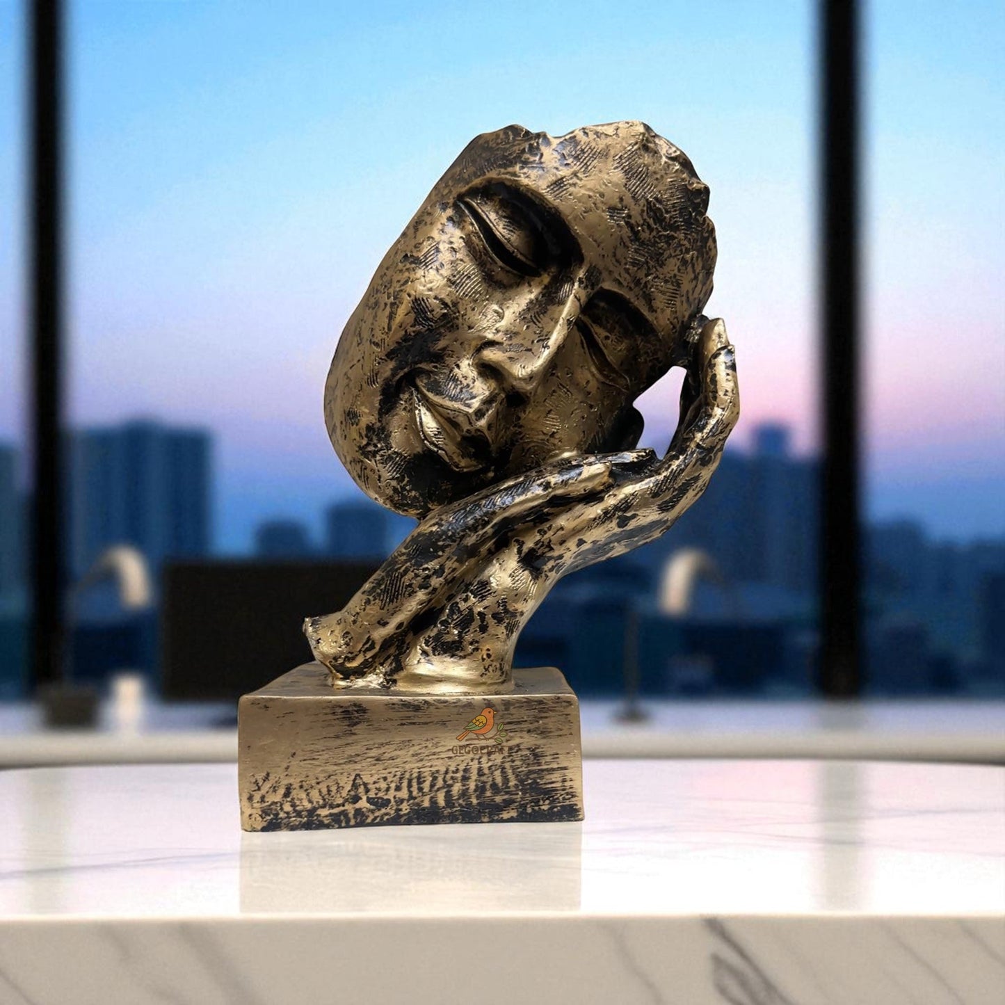 Abstract Face Resting on Hand Sculpture – Minimalist Polyresin Statue with Stone Texture – Neutral Art Decor for Shelf, Office, or Meditation Space - Riserra