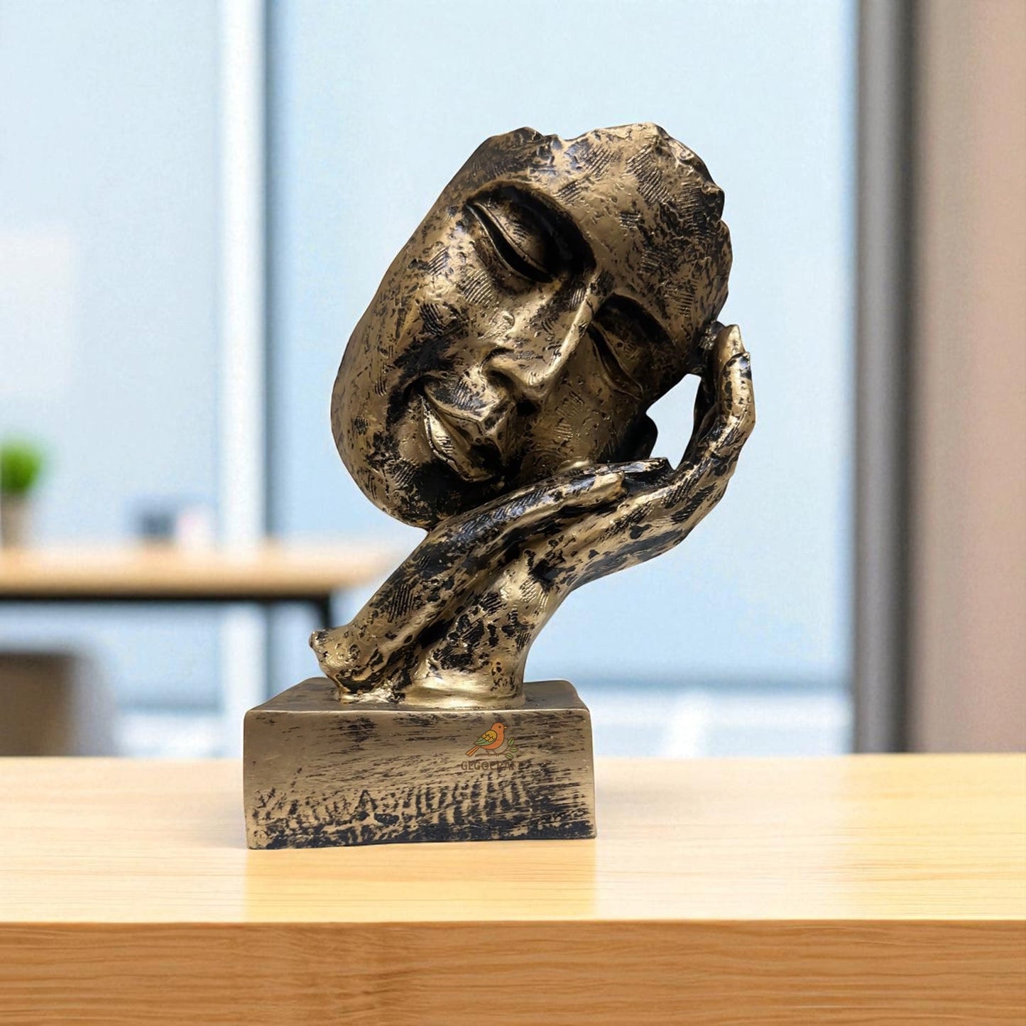 Abstract Face Resting on Hand Sculpture – Minimalist Polyresin Statue with Stone Texture – Neutral Art Decor for Shelf, Office, or Meditation Space - Riserra