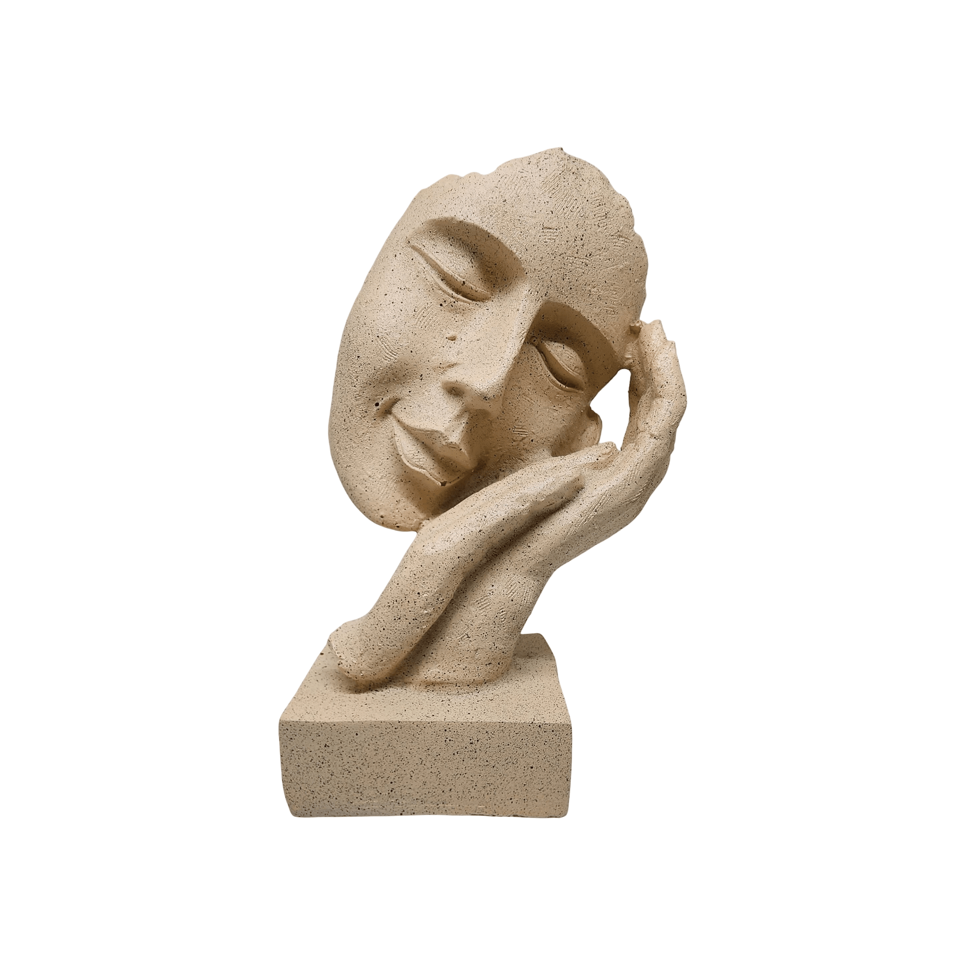 Abstract Face Resting on Hand Sculpture – Minimalist Polyresin Statue with Stone Texture – Neutral Art Decor for Shelf, Office, or Meditation Space - Riserra