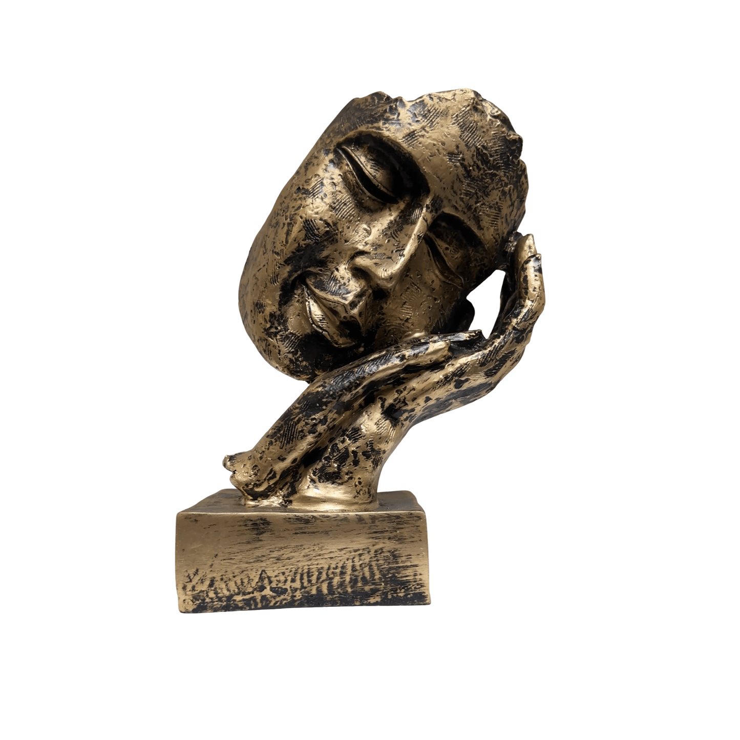 Abstract Face Resting on Hand Sculpture – Minimalist Polyresin Statue with Stone Texture – Neutral Art Decor for Shelf, Office, or Meditation Space - Riserra