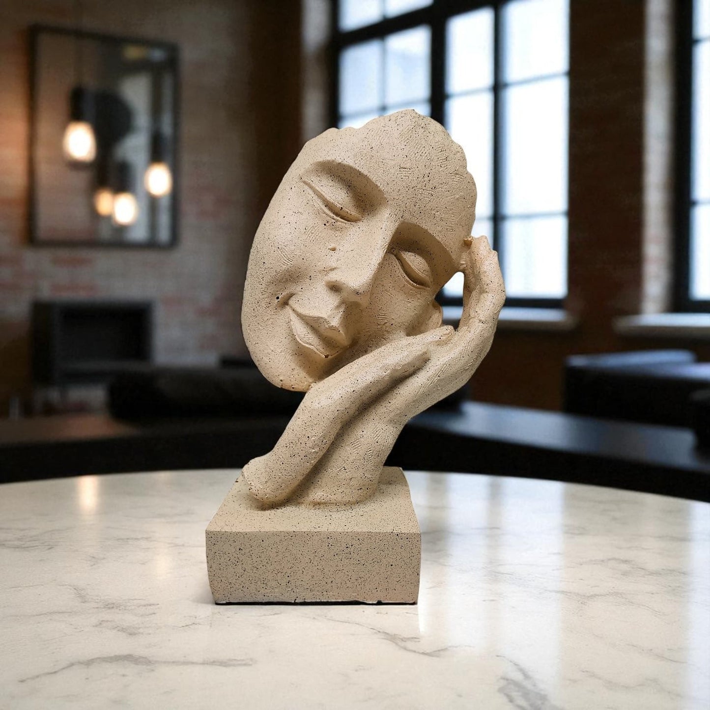 Abstract Face Resting on Hand Sculpture – Minimalist Polyresin Statue with Stone Texture – Neutral Art Decor for Shelf, Office, or Meditation Space - Riserra