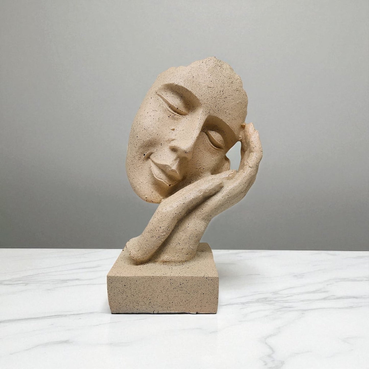 Abstract Face Resting on Hand Sculpture – Minimalist Polyresin Statue with Stone Texture – Neutral Art Decor for Shelf, Office, or Meditation Space - Riserra