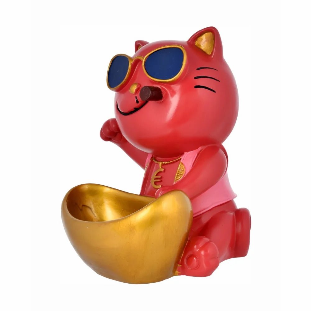 Cool Cat Showpiece with Sunglasses and Golden Bowl for Home Decor | Resin Gift Item for Diwali Housewarming Desk Display Organizer - Riserra