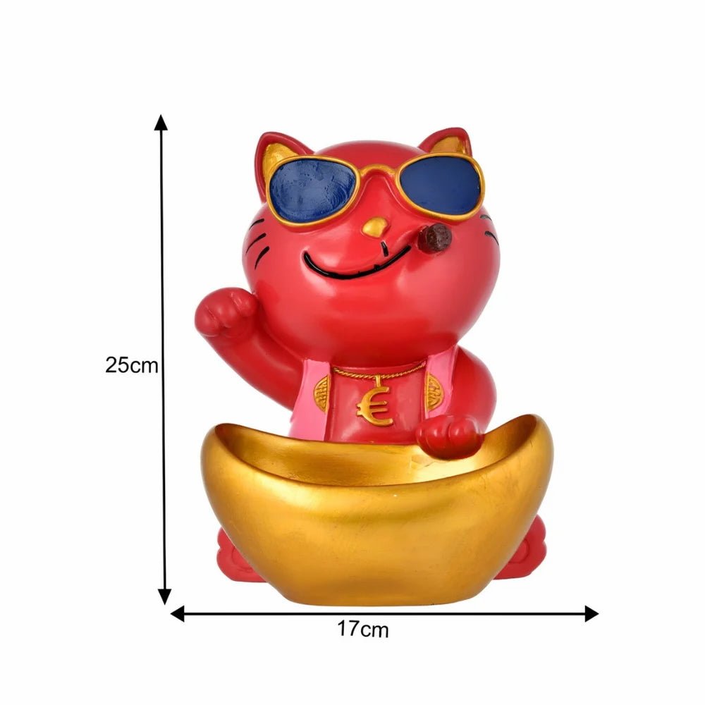 Cool Cat Showpiece with Sunglasses and Golden Bowl for Home Decor | Resin Gift Item for Diwali Housewarming Desk Display Organizer - Riserra