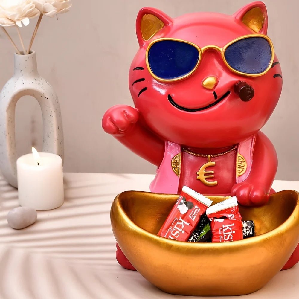 Cool Cat Showpiece with Sunglasses and Golden Bowl for Home Decor | Resin Gift Item for Diwali Housewarming Desk Display Organizer - Riserra