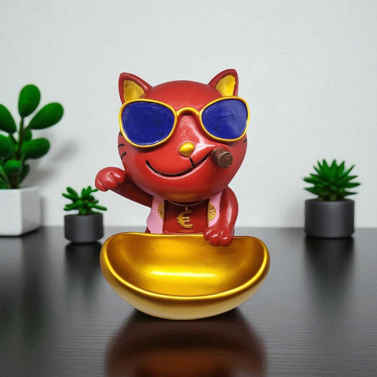 Cool Cat Showpiece with Sunglasses and Golden Bowl for Home Decor | Resin Gift Item for Diwali Housewarming Desk Display Organizer - Riserra